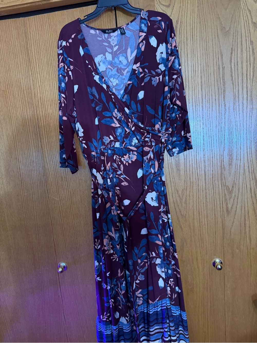 Du Jour Burgundy Floral Midi Wrap Dress with Blue Accents
